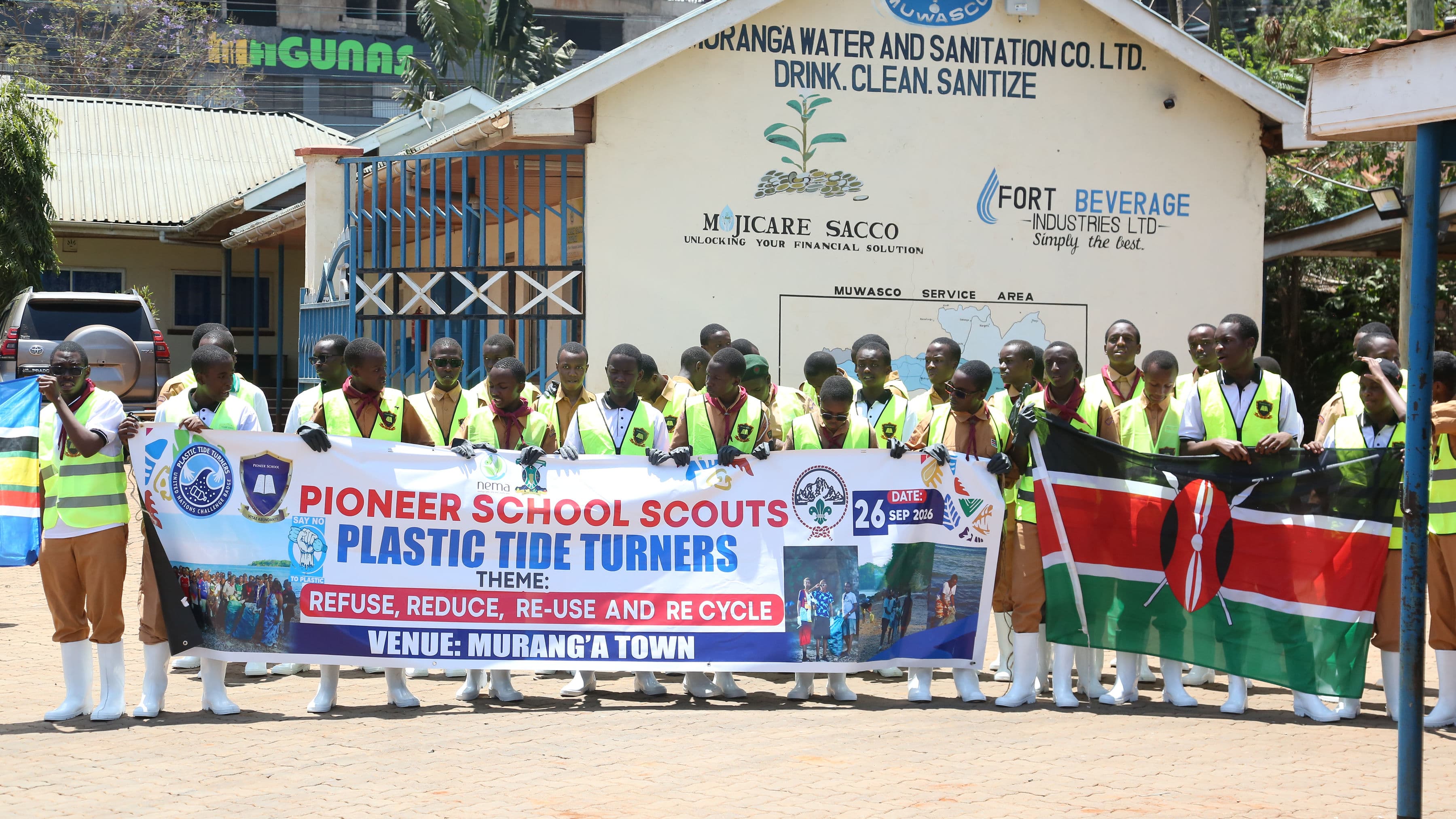 Pioneer scouts taking part in a plastic waste collection exercise
